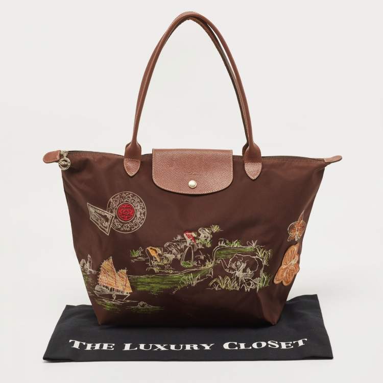 Pre Owned Longchamp Brown Printed Nylon and Leather Vietnam Le Pliage Tote