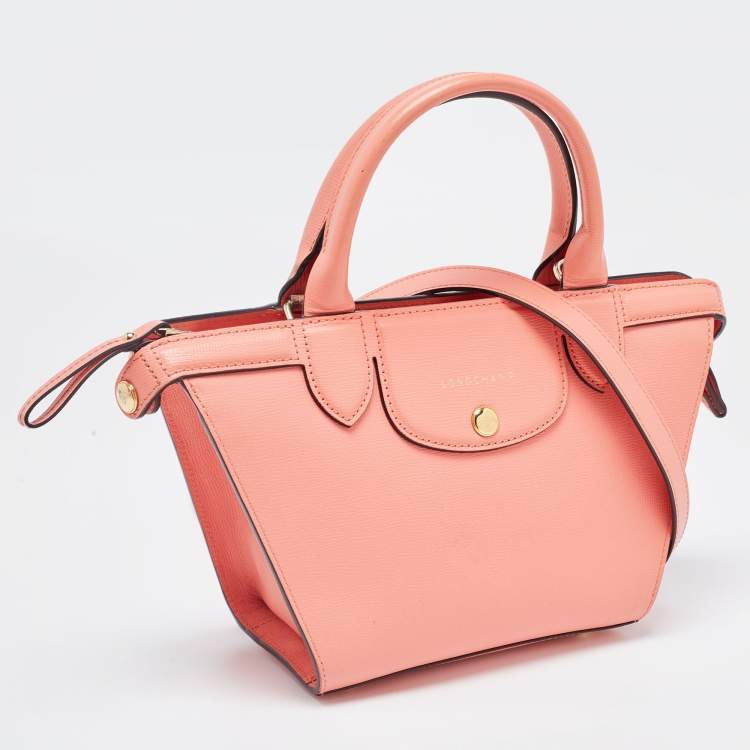 Pre Owned Longchamp Coral Leather Small Le Pliage Heritage Tote