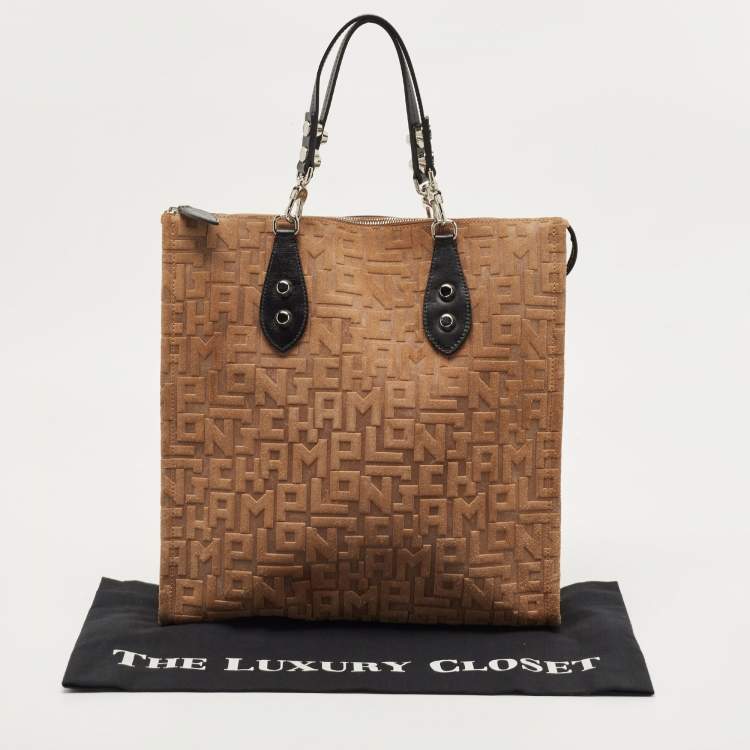 Pre Owned Longchamp Black/Tan Suede La Voyageuse Vertical Tote