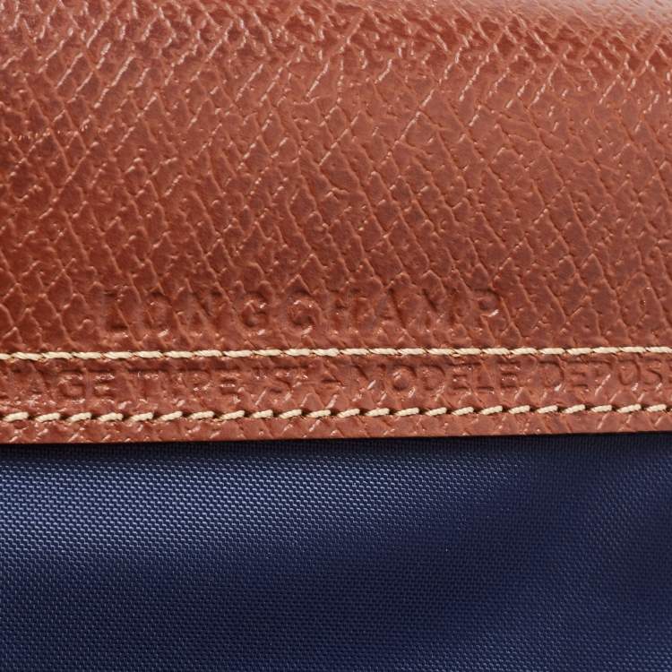 Pre Owned Longchamp Navy Blue/Brown Nylon and Leather Small Le Pliage Tote