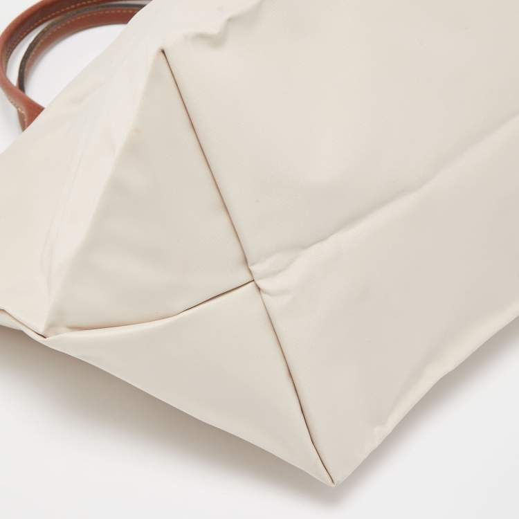 Pre Owned Longchamp Cream/Brown Nylon and Leather Le Pliage Tote