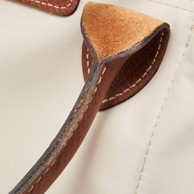 Pre Owned Longchamp Cream/Brown Nylon and Leather Le Pliage Tote