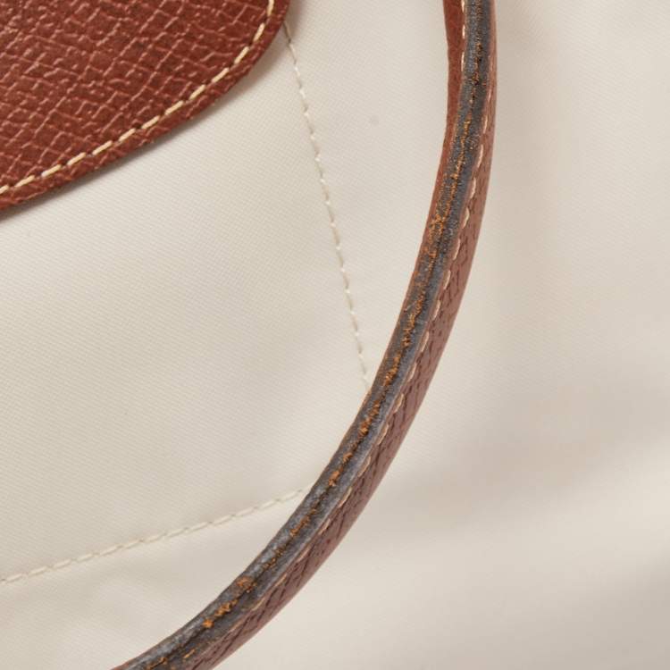 Pre Owned Longchamp Cream/Brown Nylon and Leather Le Pliage Tote