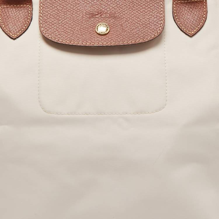 Pre Owned Longchamp Cream/Brown Nylon and Leather Le Pliage Tote