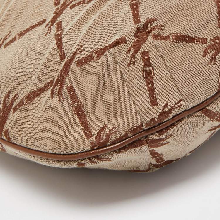 Pre Owned Longchamp Brown/Beige Quilted Print Canvas and Leather Crossbody Bag