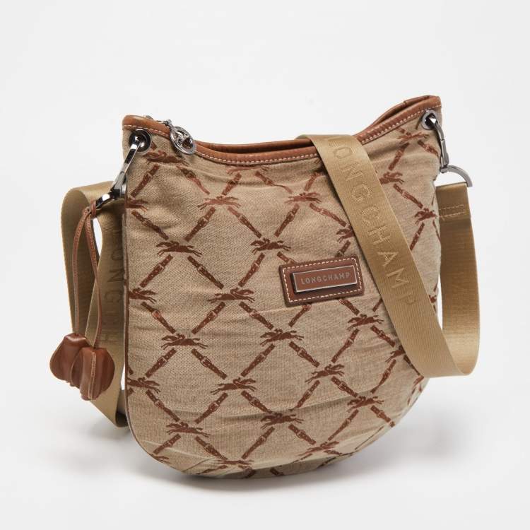 Pre Owned Longchamp Brown/Beige Quilted Print Canvas and Leather Crossbody Bag