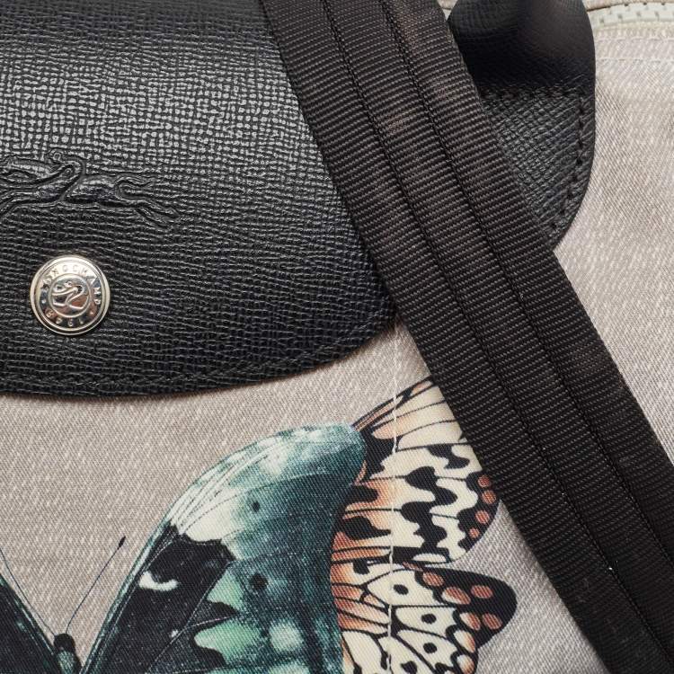 Pre Owned Longchamp Grey/Black Nylon and Leather Butterfly Le Pliage Tote