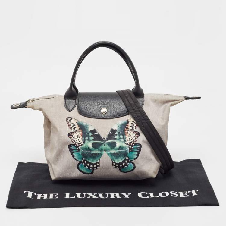 Pre Owned Longchamp Grey/Black Nylon and Leather Butterfly Le Pliage Tote