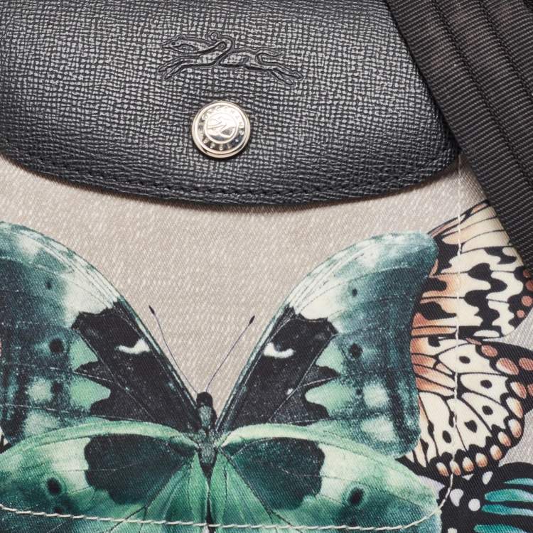 Pre Owned Longchamp Grey/Black Nylon and Leather Butterfly Le Pliage Tote