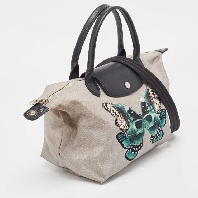 Pre Owned Longchamp Grey/Black Nylon and Leather Butterfly Le Pliage Tote