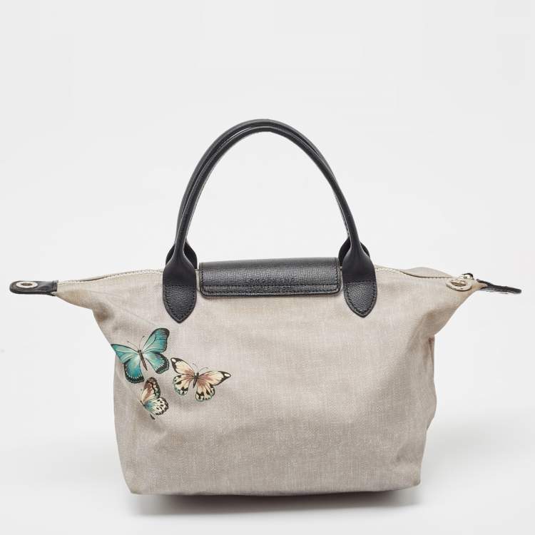 Pre Owned Longchamp Grey/Black Nylon and Leather Butterfly Le Pliage Tote
