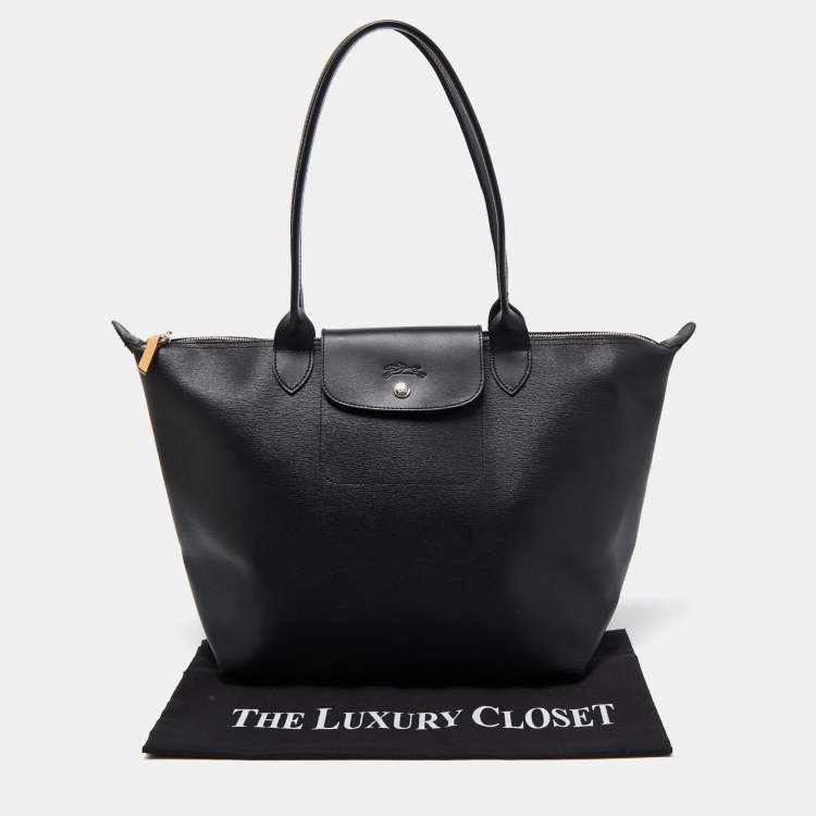 Pre Owned Longchamp Black Leather Medium Le Pliage Tote