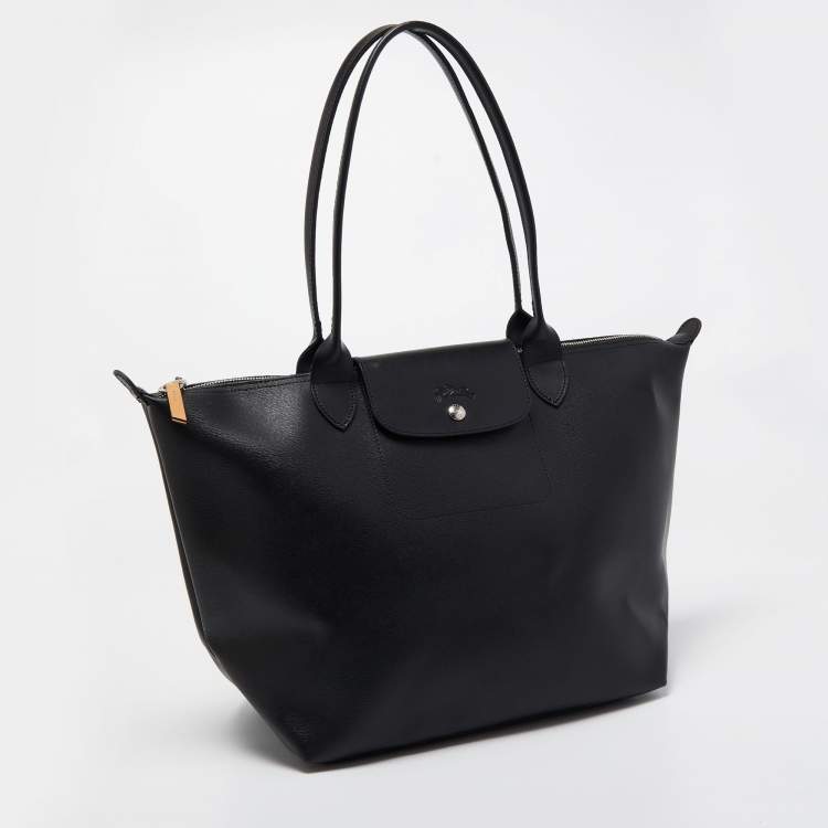 Pre Owned Longchamp Black Leather Medium Le Pliage Tote