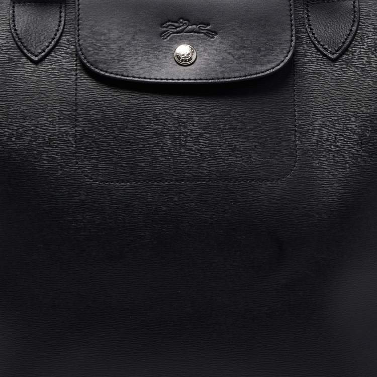 Pre Owned Longchamp Black Leather Medium Le Pliage Tote