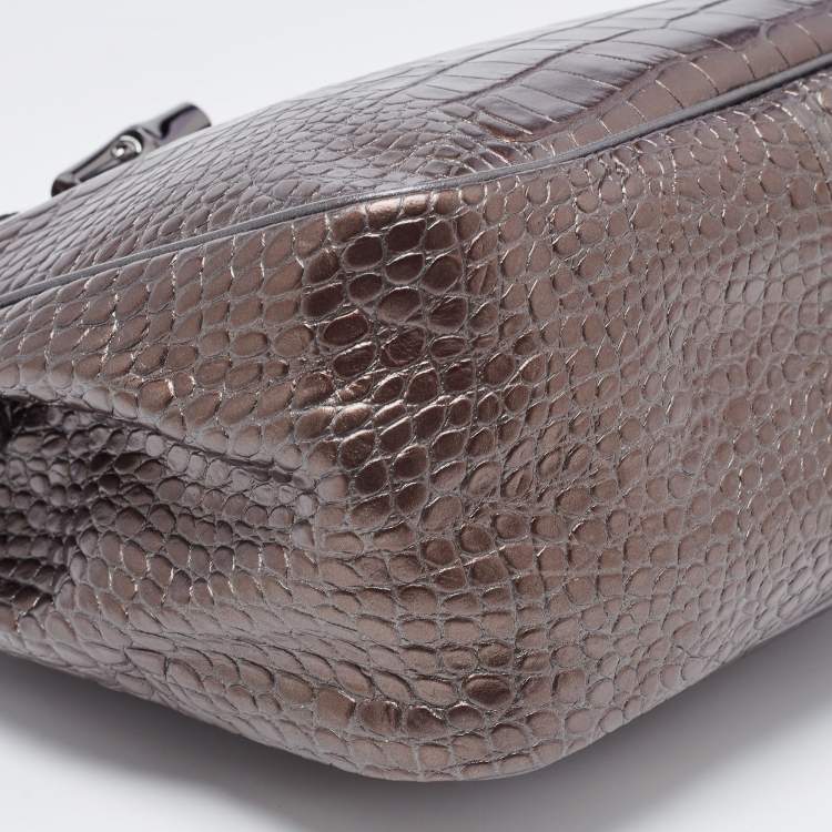 Pre Owned Longchamp Brown Glaze Croc Embossed Leather Roseau Tote