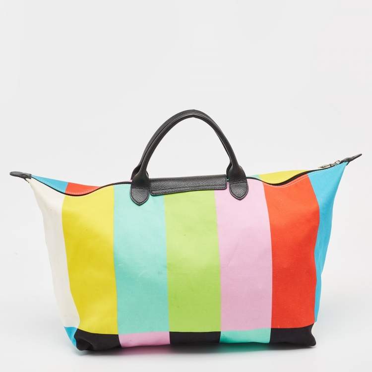 Pre Owned Longchamp x Jeremy Scott Multicolor Striped Fabric Le Pliage Travel Tote