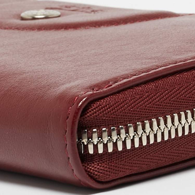 Pre Owned Longchamp Dark Red Cuir Leather Le Pliage Zip Around Wallet