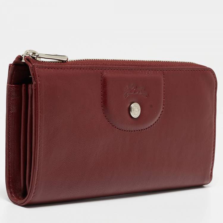 Pre Owned Longchamp Dark Red Cuir Leather Le Pliage Zip Around Wallet