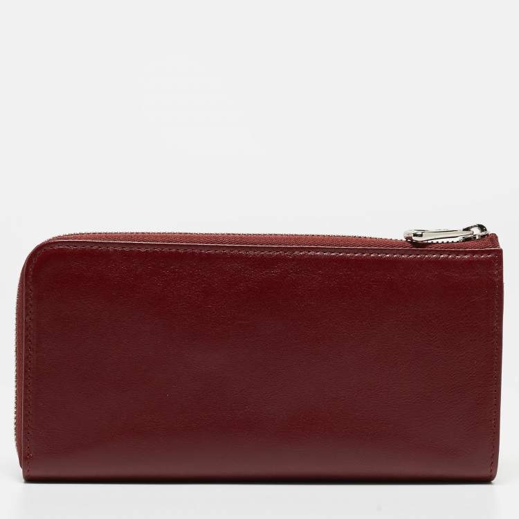 Pre Owned Longchamp Dark Red Cuir Leather Le Pliage Zip Around Wallet