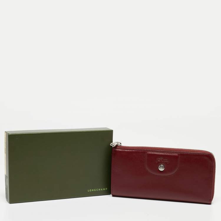 Pre Owned Longchamp Dark Red Cuir Leather Le Pliage Zip Around Wallet