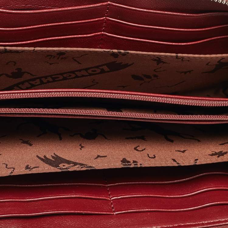 Pre Owned Longchamp Dark Red Cuir Leather Le Pliage Zip Around Wallet