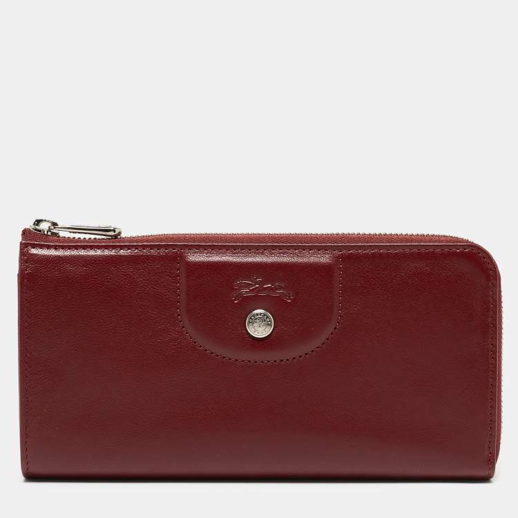 Pre Owned Longchamp Dark Red Cuir Leather Le Pliage Zip Around Wallet