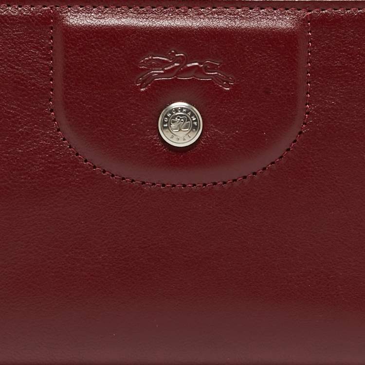 Pre Owned Longchamp Dark Red Cuir Leather Le Pliage Zip Around Wallet