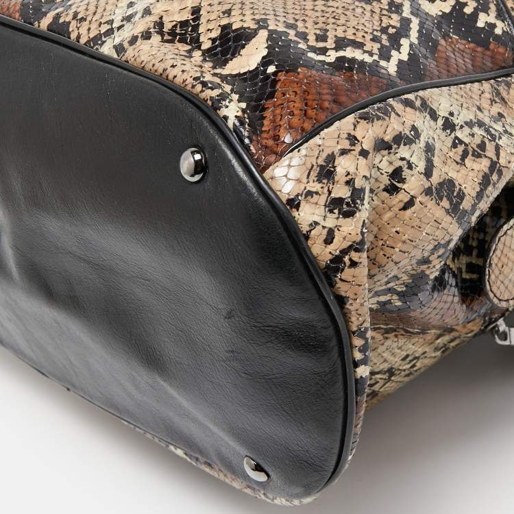 Pre Owned Longchamp Black/Beige Python Embossed Leather Cosmo Satchel