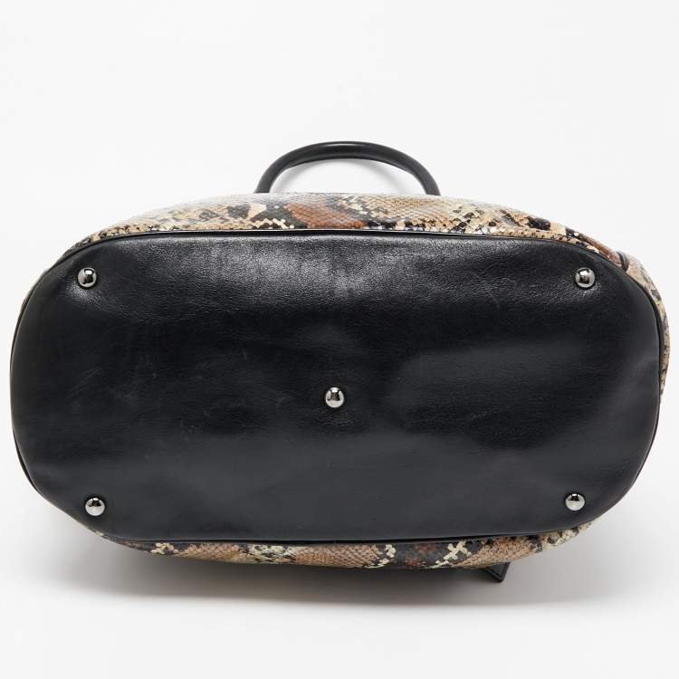 Pre Owned Longchamp Black/Beige Python Embossed Leather Cosmo Satchel