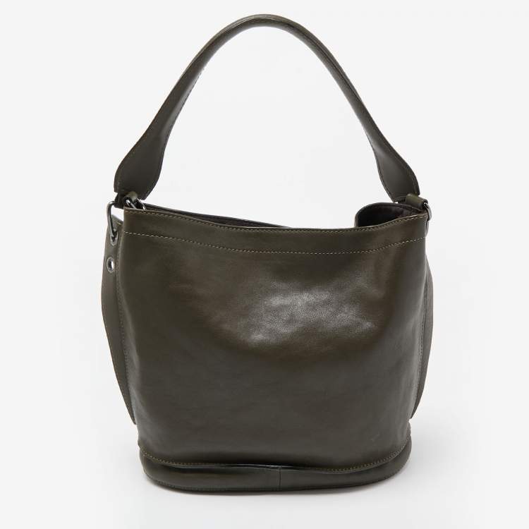 Pre Owned Longchamp Olive Green Leather 3D Bucket Bag