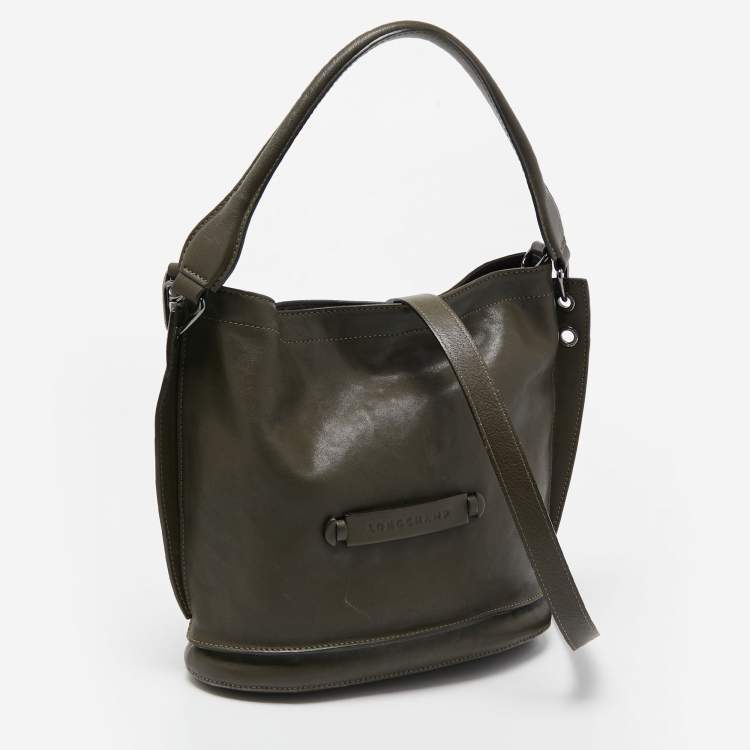 Pre Owned Longchamp Olive Green Leather 3D Bucket Bag