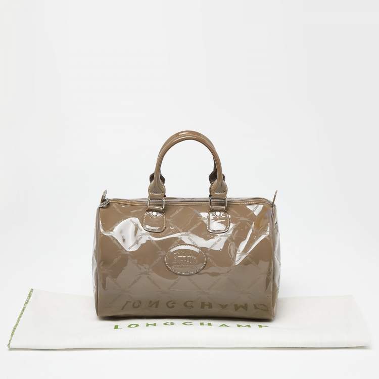 Pre Owned Longchamp Grey Printed Patent Leather Boston Satchel