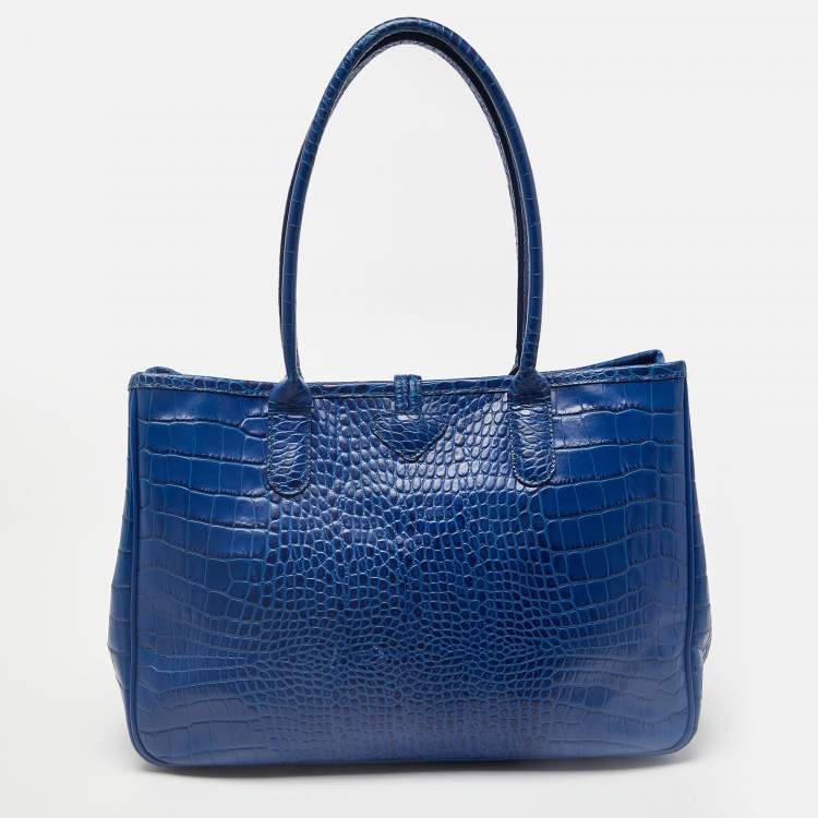 Pre Owned Longchamp Blue Croc Embossed Leather Roseau Tote