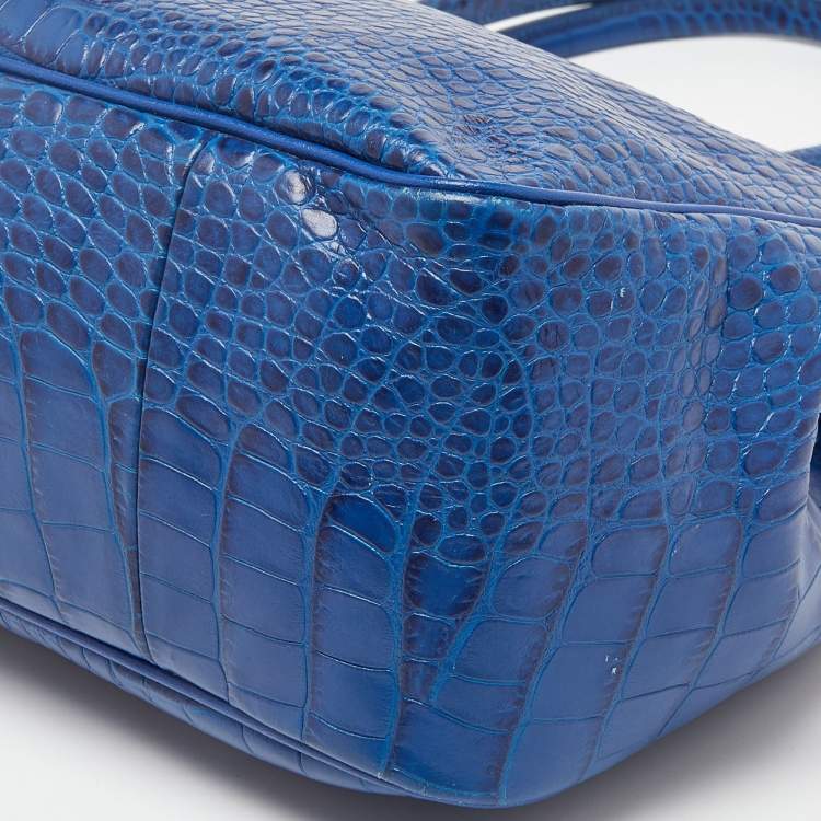 Pre Owned Longchamp Blue Croc Embossed Leather Roseau Tote