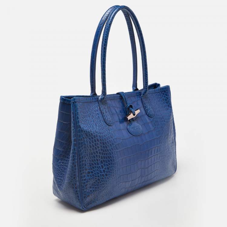 Pre Owned Longchamp Blue Croc Embossed Leather Roseau Tote