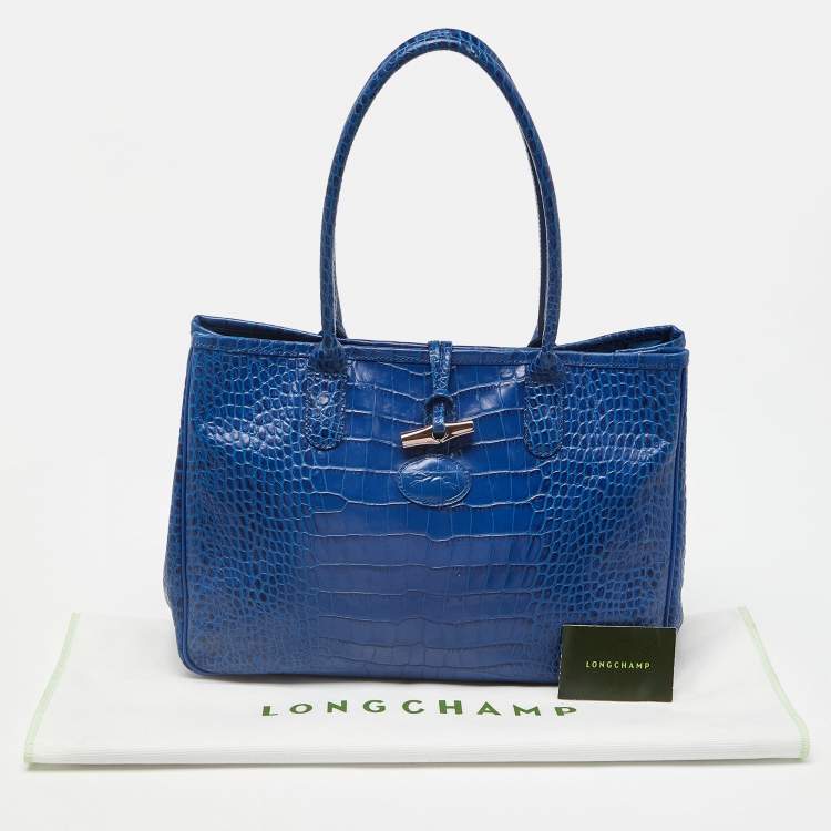 Pre Owned Longchamp Blue Croc Embossed Leather Roseau Tote