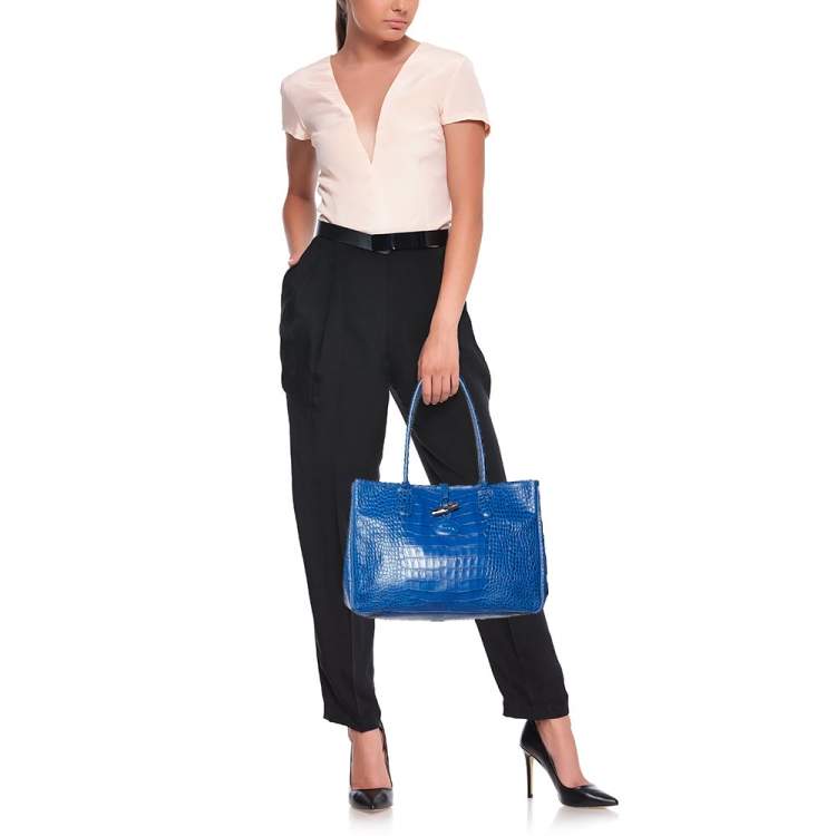 Pre Owned Longchamp Blue Croc Embossed Leather Roseau Tote