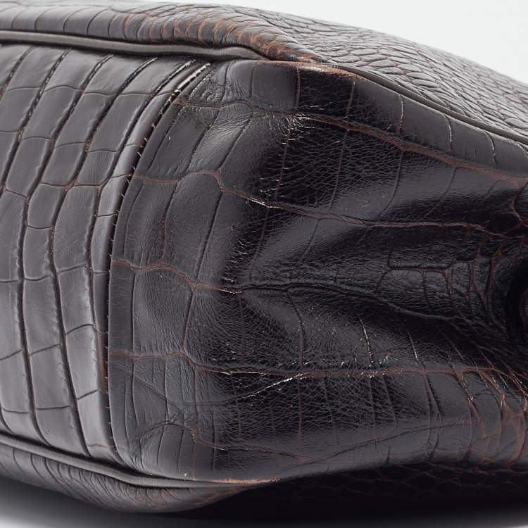 Pre Owned Longchamp Dark Brown Croc Embossed Leather Roseau Tote