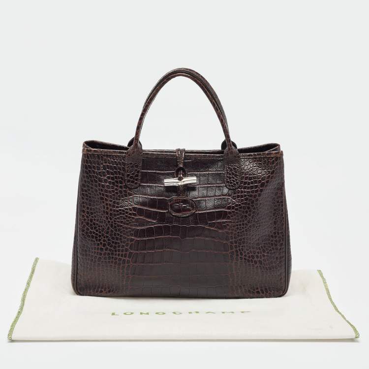 Pre Owned Longchamp Dark Brown Croc Embossed Leather Roseau Tote