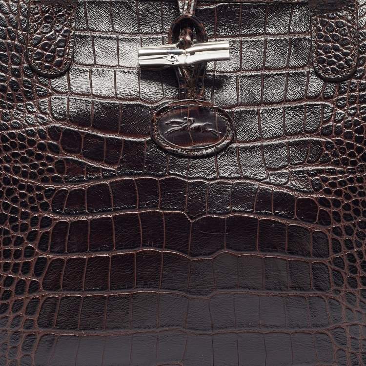 Pre Owned Longchamp Dark Brown Croc Embossed Leather Roseau Tote