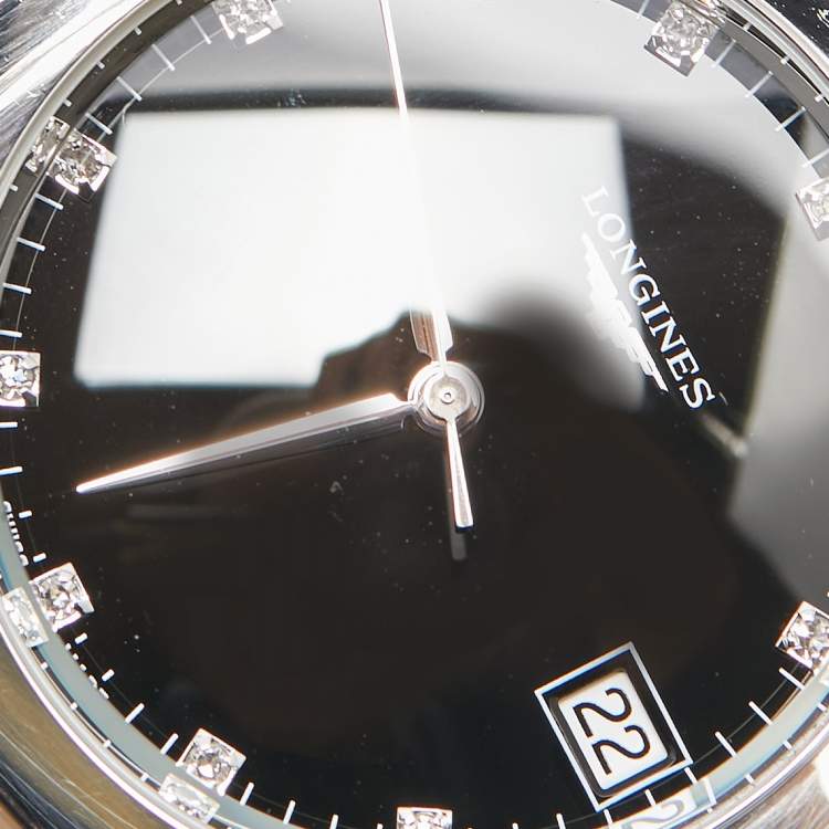 Pre Owned Longines Black Diamond Stainless Steel Leather Equestrian L6.138.4.57.0 Women's Wristwatch 34 mm