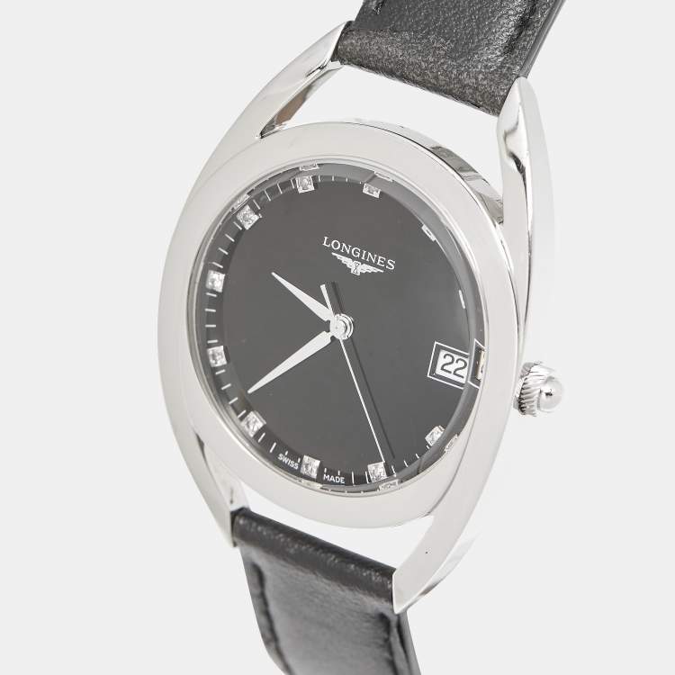 Pre Owned Longines Black Diamond Stainless Steel Leather Equestrian L6.138.4.57.0 Women's Wristwatch 34 mm