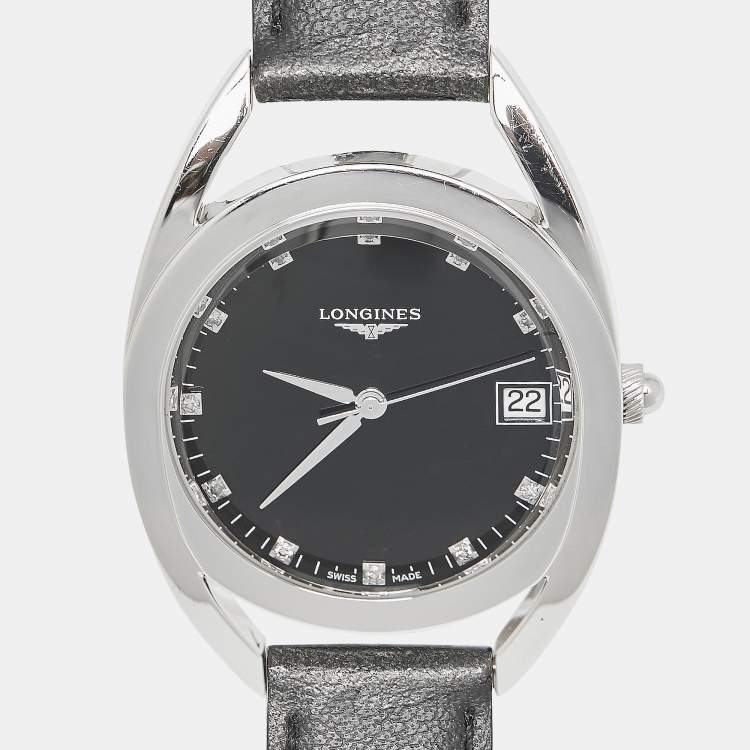 Pre Owned Longines Black Diamond Stainless Steel Leather Equestrian L6.138.4.57.0 Women's Wristwatch 34 mm