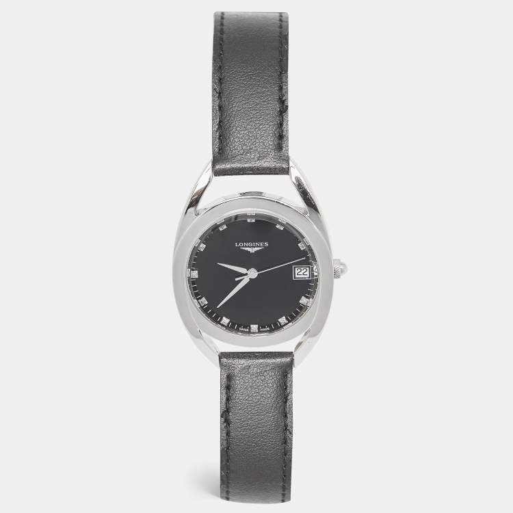 Pre Owned Longines Black Diamond Stainless Steel Leather Equestrian L6.138.4.57.0 Women's Wristwatch 34 mm