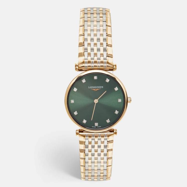 Pre Owned Longines Green Diamond Two-Tone Stainless Steel Grande Classique L4.512.08.7 Women's Wristwatch 29 mm