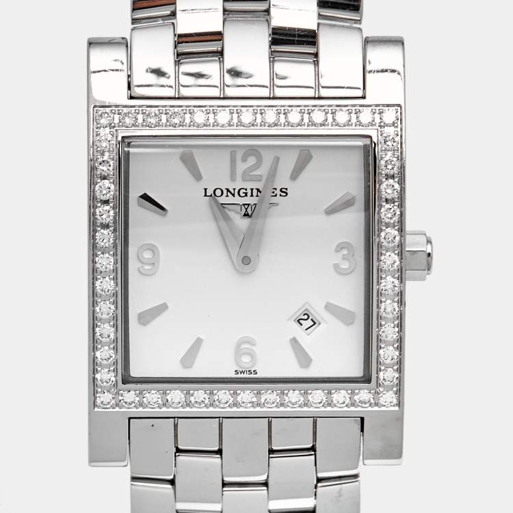 Pre Owned Longines White Stainless Steel Diamond DolceVita L5.503.0 Women's Wristwatch 24 mm