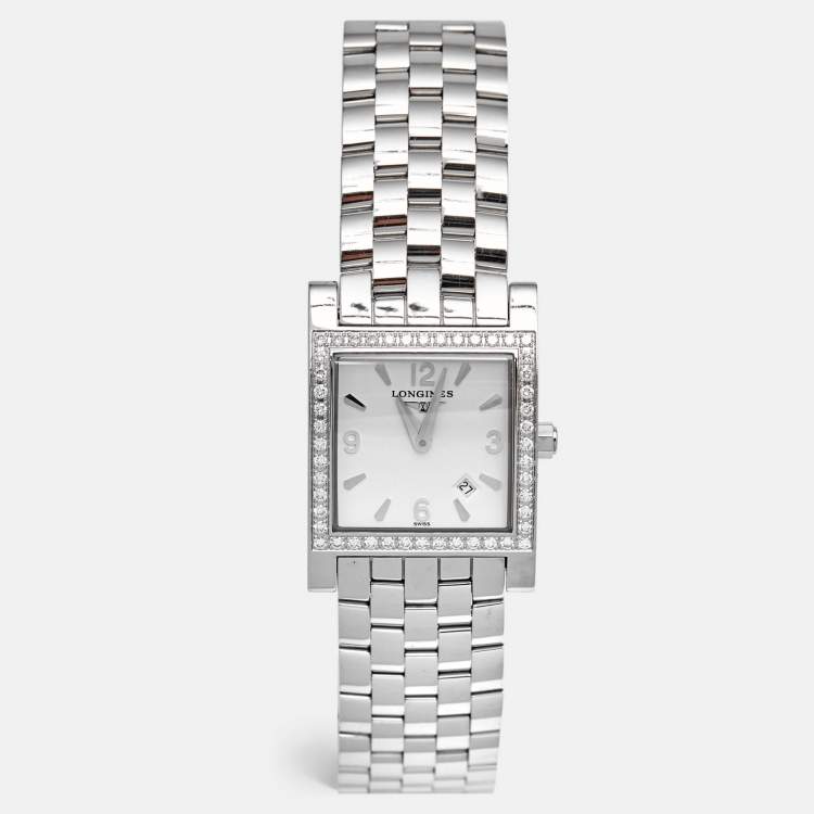 Pre Owned Longines White Stainless Steel Diamond DolceVita L5.503.0 Women's Wristwatch 24 mm