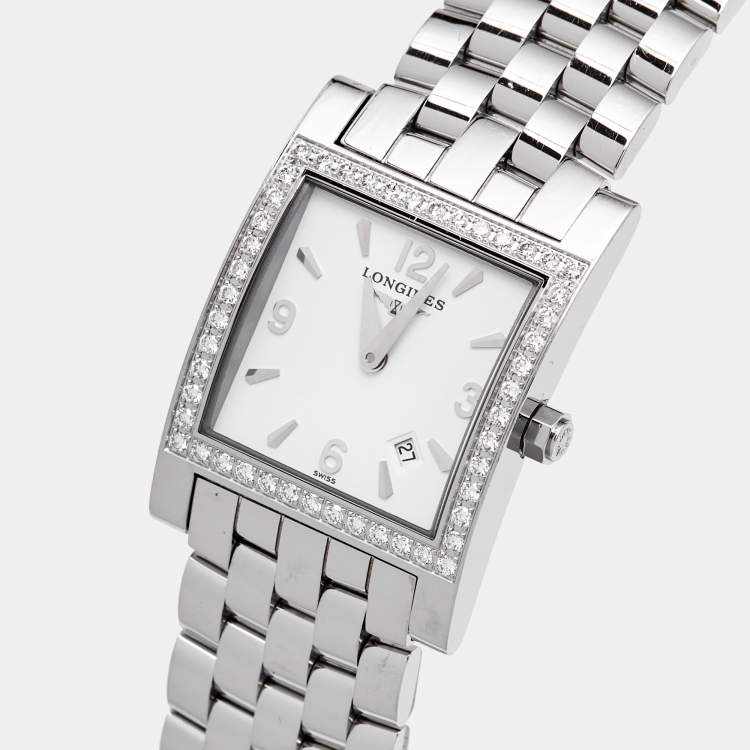 Pre Owned Longines White Stainless Steel Diamond DolceVita L5.503.0 Women's Wristwatch 24 mm