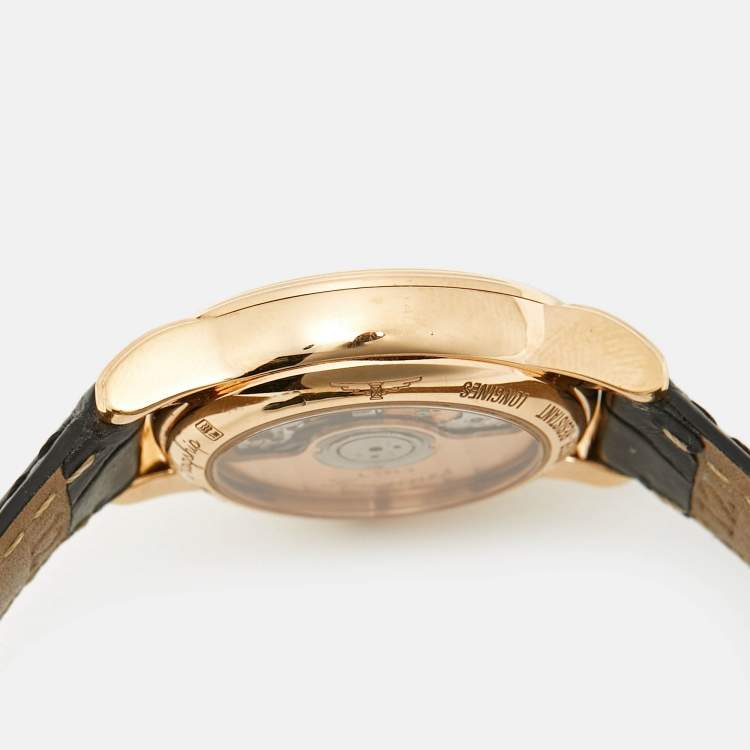 Pre Owned Longines White Diamonds 18k Rose Gold Alligator Flagship L4.274.8.27.2 Women's Wristwatch 26 mm 