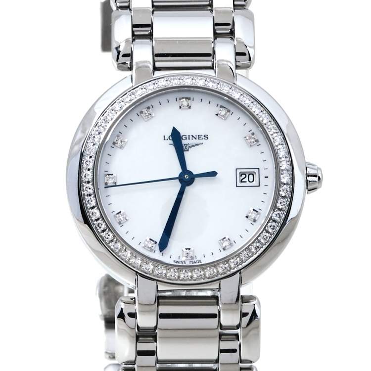 Pre Owned Longines Mother Of Pearl Stainless Steel Diamonds PrimaLuna L8.112.0 Women's Wristwatch 30 MM